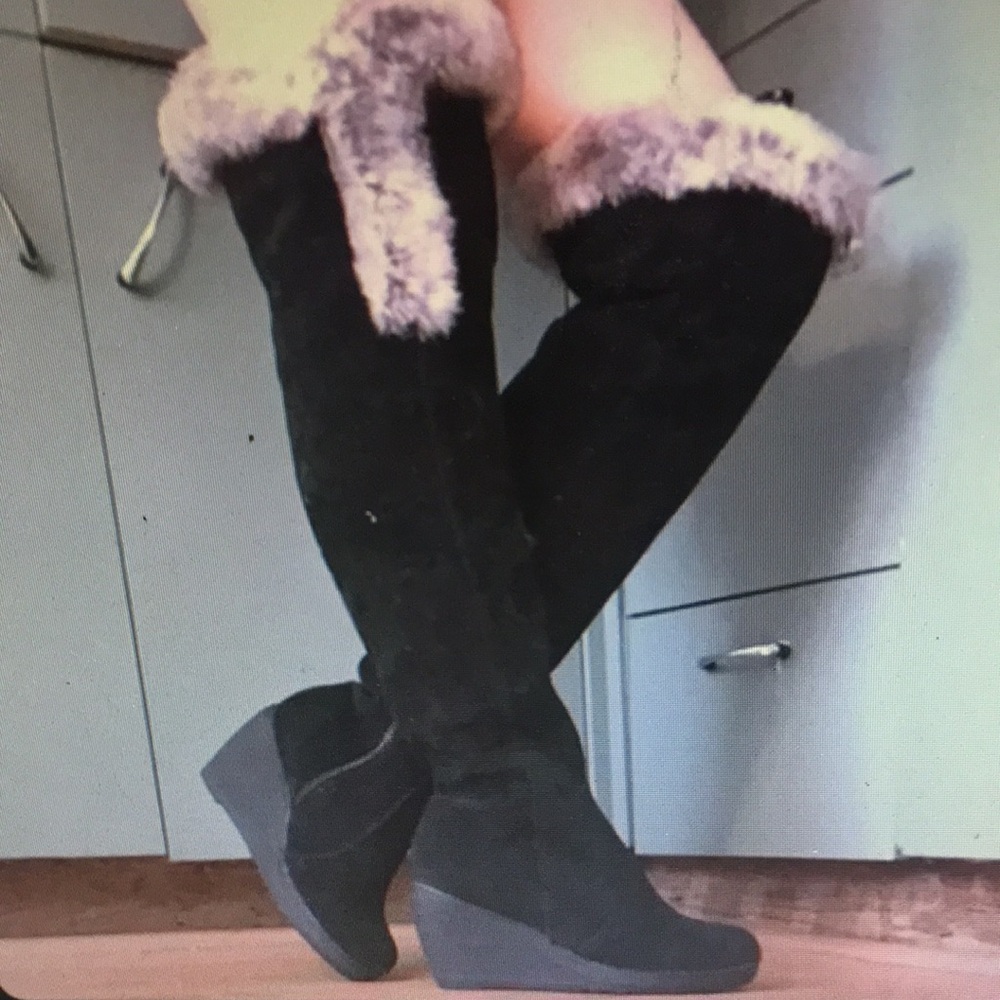 Black Suede Knee-High Wedge Boots